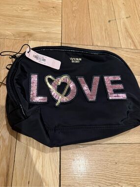 Victoria's Secret Black Cosmetic Pouch with Pink Sequin LOVE
